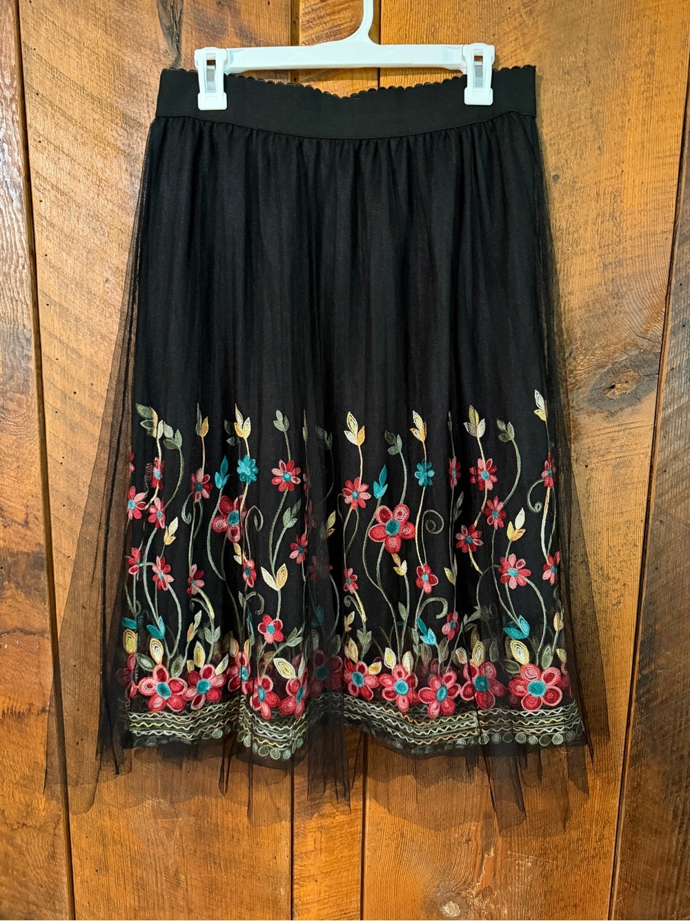 Studio West Black Tulle Embroidered Floral Midi Skirt L Whimsigoth Boho Fairy